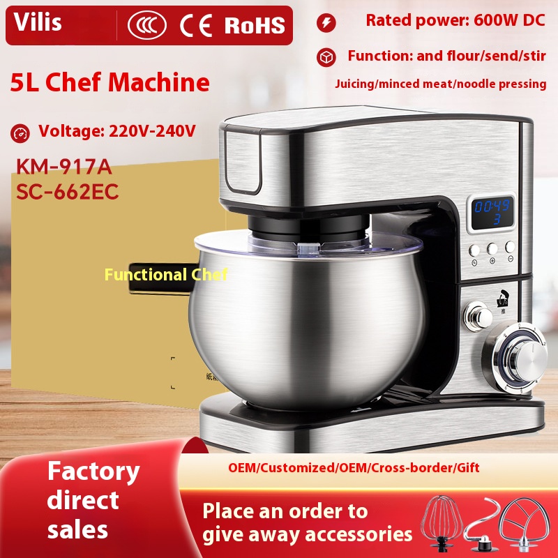 5L Multi-functional Food Processor with Intelligent Timing, Fully Automatic Dough Mixer, Home Desktop Egg Beater, In Stock for Home and Factory Use.